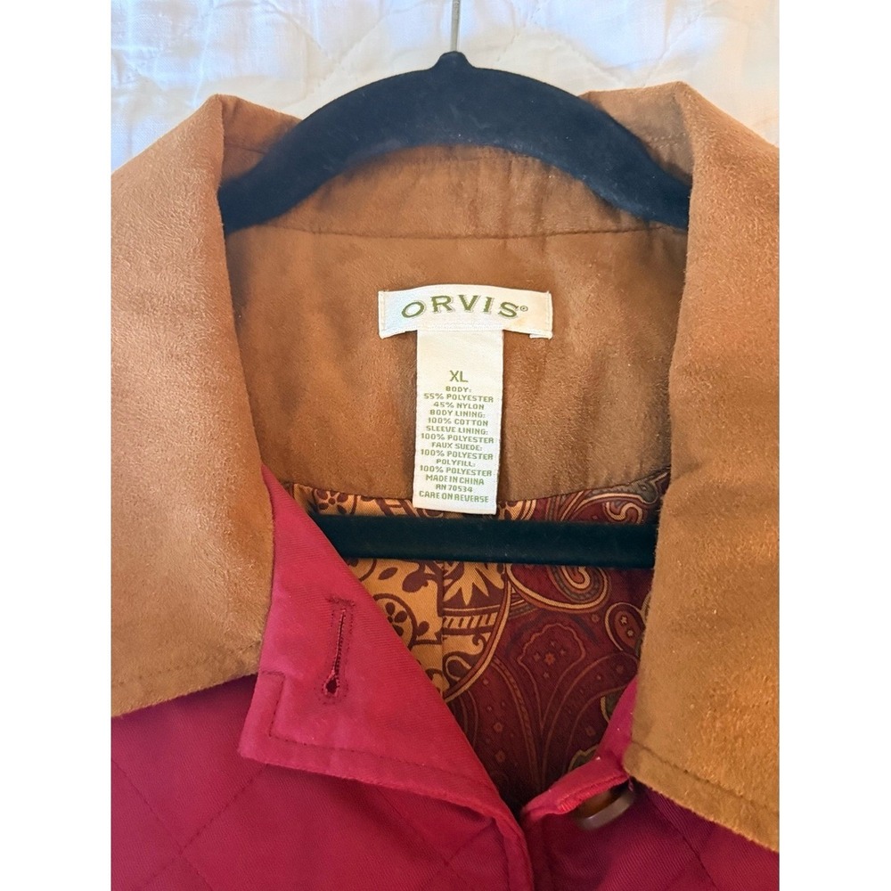Orvis Quilted Barn Chore Jacket Red Faux Suede Collar Paisley Lined - Picture 8 of 10